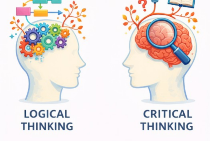 Two illustrated heads, one with gears and one looking closely at the brain