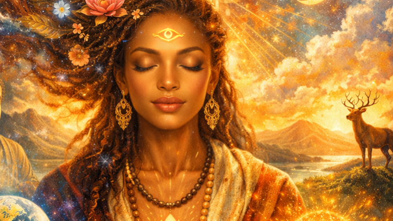 Consciousness, Intelligence, and Light A woman with closed eyes, flowers in her hair, and light around her